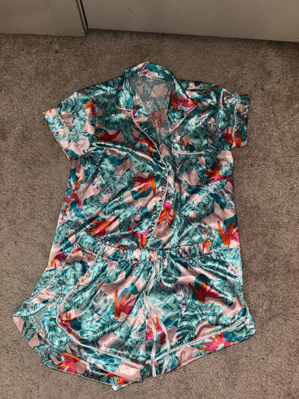 Buddy Love Teal Tropical Print Satin Pajama Set with Pink & Orange Accents